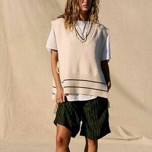 Free People All Star Stripe Poncho Cream Knit Sweater Vest Black Stripes